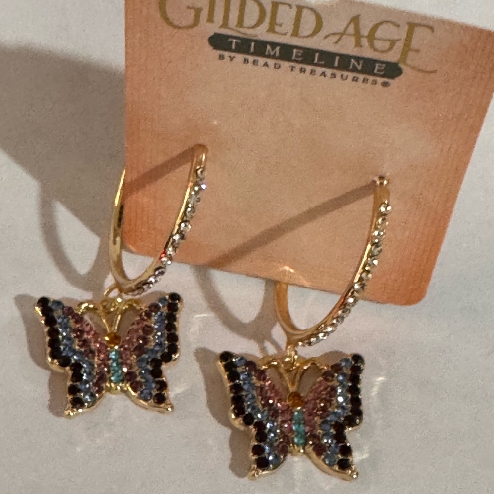 Bead Treasures Gold Tone Multicolored Rhinestones Butterfly Earrings New